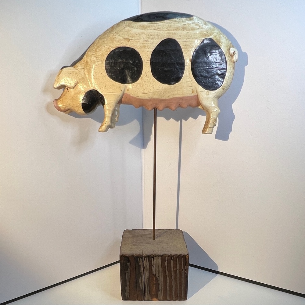Vintage Primitive Rustic Pig Sculpture Reclaimed Wood Base, c 1983 FASK